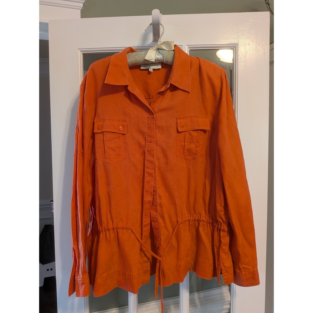 Jones New York Sport Orange 100% Linen Drawstring Waist Button Down Shirt XL